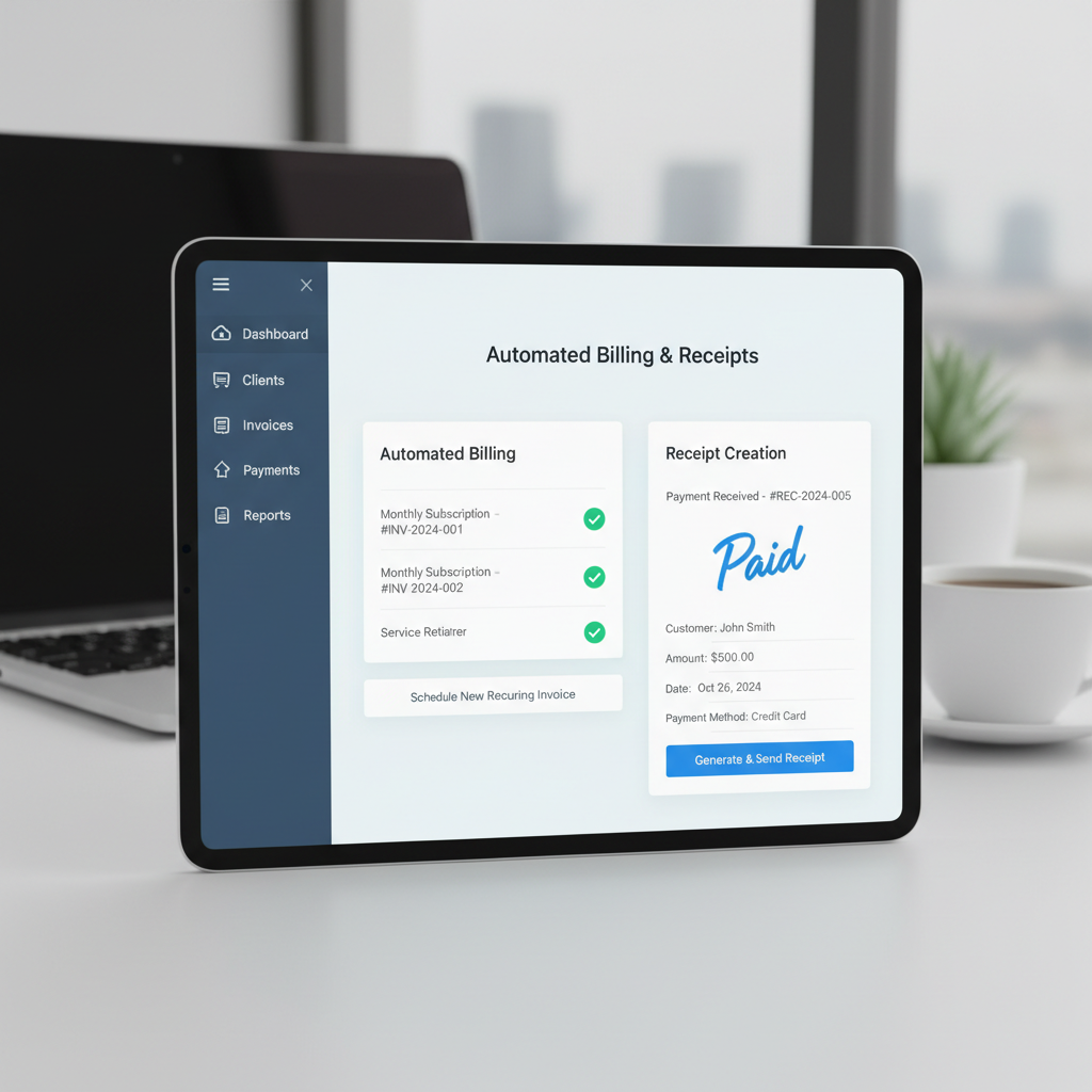 Business owner reviewing automated invoice dashboard with payment analytics