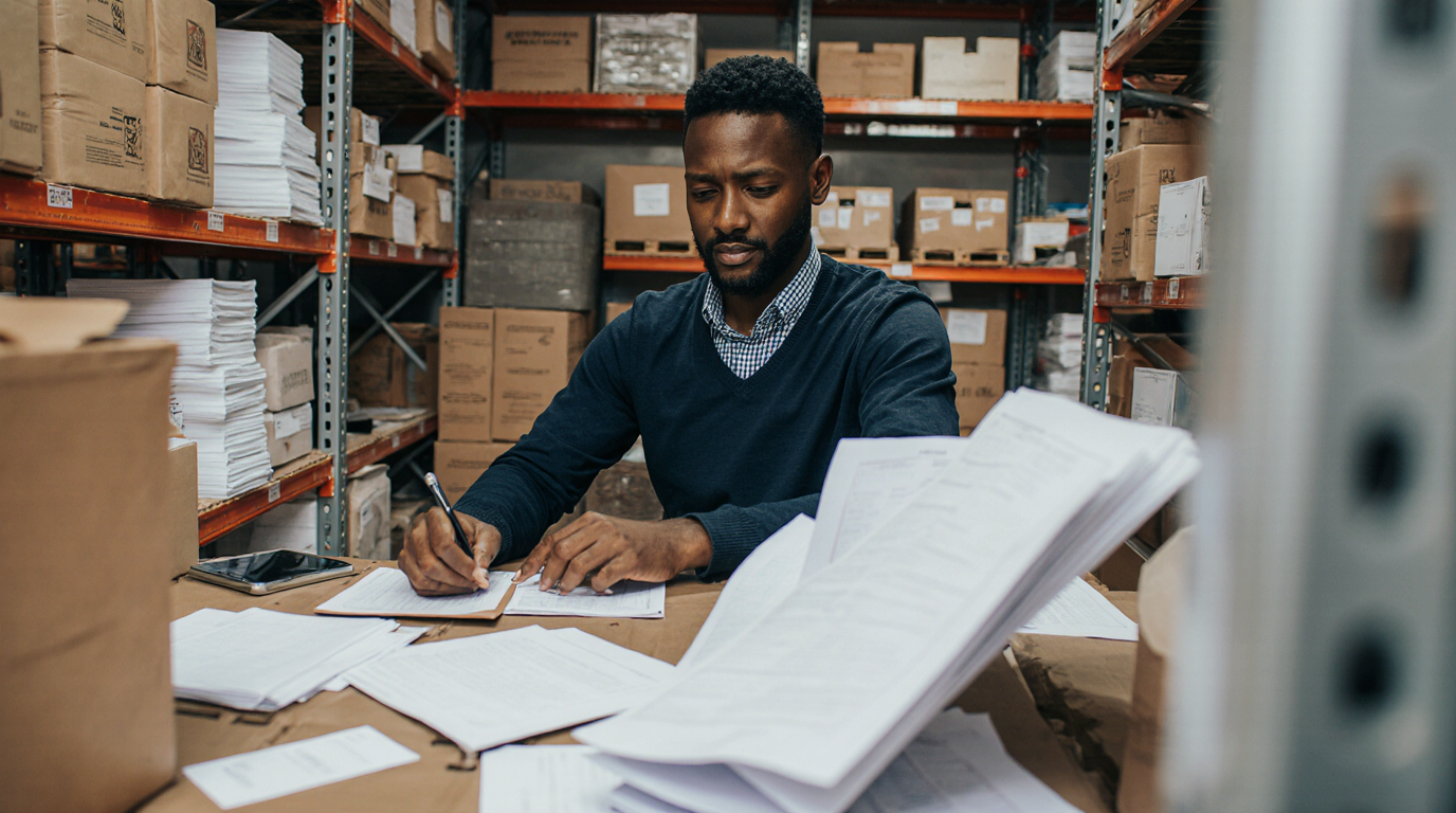 Frustrated retail manager surrounded by paper inventory sheets and clipboards in cluttered stockroom