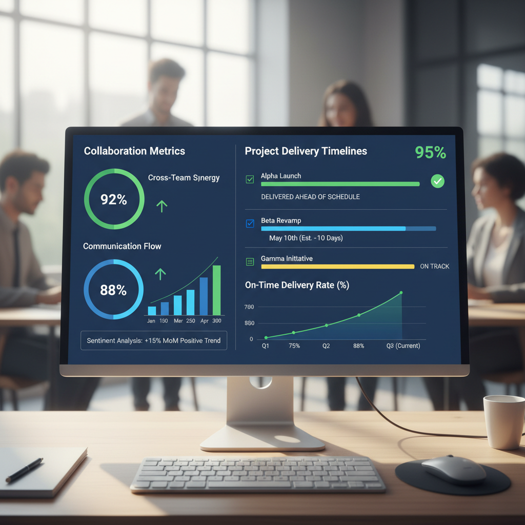 Project manager viewing unified dashboard with team tasks and timelines